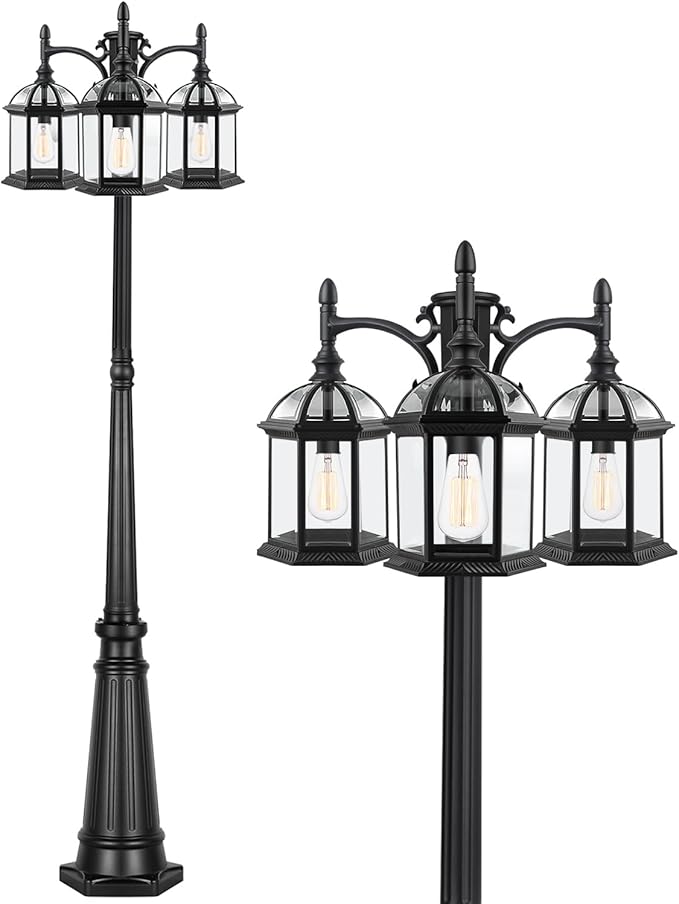 Aluminum Outdoor Lamp Post Birdcage, Hardwired Street Light Post for Outside, 3-Head Pole Light Modern Lamp Post Outdoor Lighting with Clear Glass Panels for Garden Patio Backyard Walkway Driveway