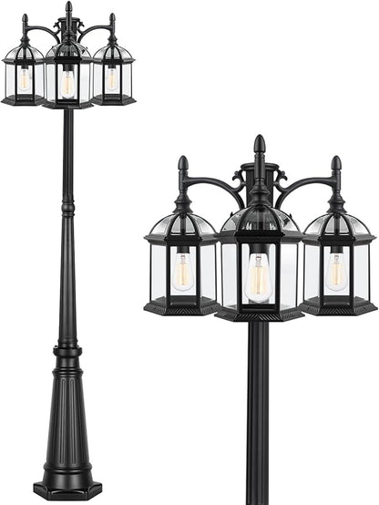 Aluminum Outdoor Lamp Post Birdcage, Hardwired Street Light Post for Outside, 3-Head Pole Light Modern Lamp Post Outdoor Lighting with Clear Glass Panels for Garden Patio Backyard Walkway Driveway
