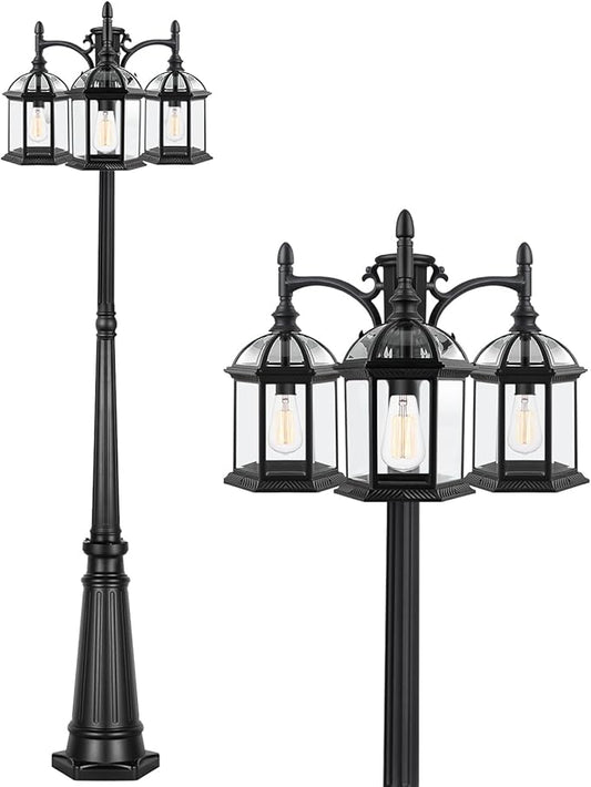 Aluminum Outdoor Lamp Post Birdcage, Hardwired Street Light Post for Outside, 3-Head Pole Light Modern Lamp Post Outdoor Lighting with Clear Glass Panels for Garden Patio Backyard Walkway Driveway