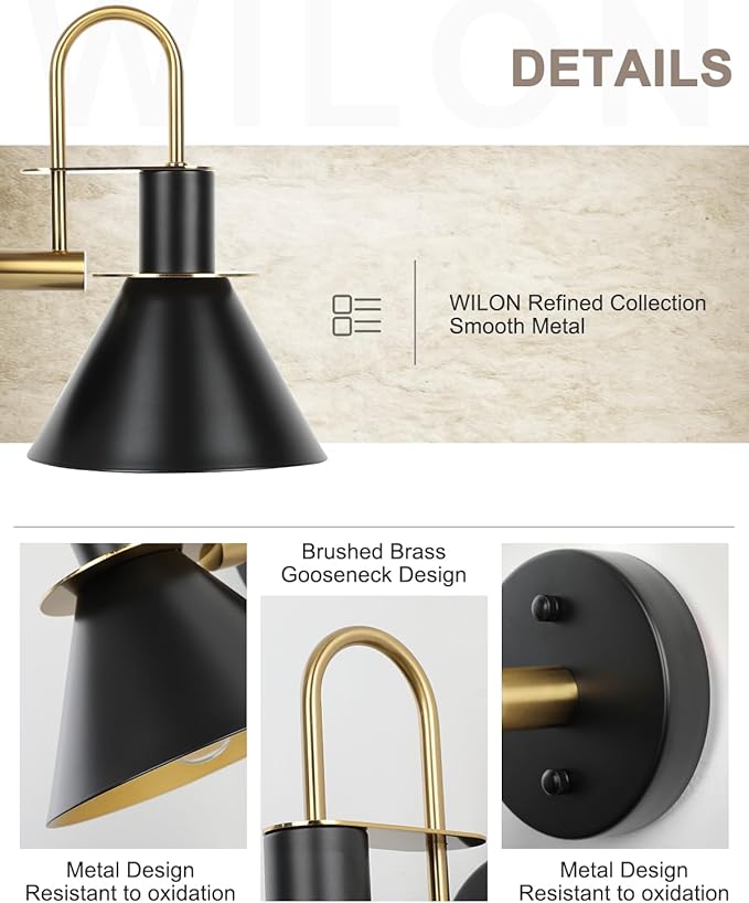 WILON Gold and Black Wall Sconces Set of Two, Modern Farmhouse Wall Light Fixture, Industrial Indoor Wall Lamp for Bathroom Kitchen Sink Bedroom Living Room Bedside Hallway