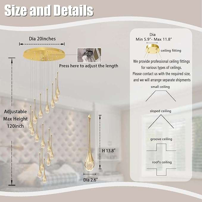 ykolupty Modern Crystal Chandeliers LED Dimmable Stairwell Chandelier Gold Teardrop Chandelier Large Pendant Light for Entryway Foyer Living Room