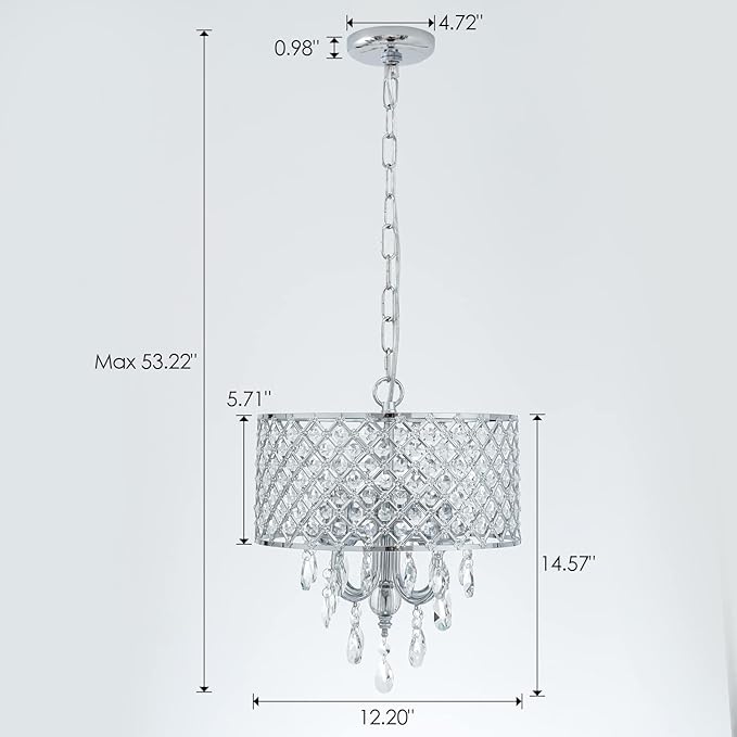 VILUXY Modern Crystal Chandelier Chrome French Country Pendant Light Small Hanging Ceiling Light Fixture Drum Shade for Bedroom, Kitchen Island, Girl Room, Dining Room 4-Light