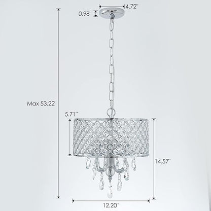 VILUXY Modern Crystal Chandelier Chrome French Country Pendant Light Small Hanging Ceiling Light Fixture Drum Shade for Bedroom, Kitchen Island, Girl Room, Dining Room 4-Light