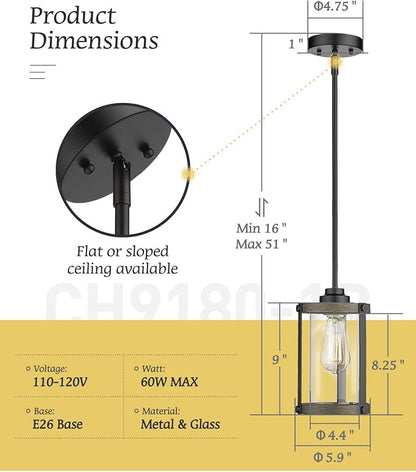 Farmhouse Pendant Light Fixtures, 1-Light Black Glass Pendant Lights for Kitchen Island, Industrial Rustic Mini Hanging Lighting with Rod, Wood Finish, Adjustable Length, OS-3014