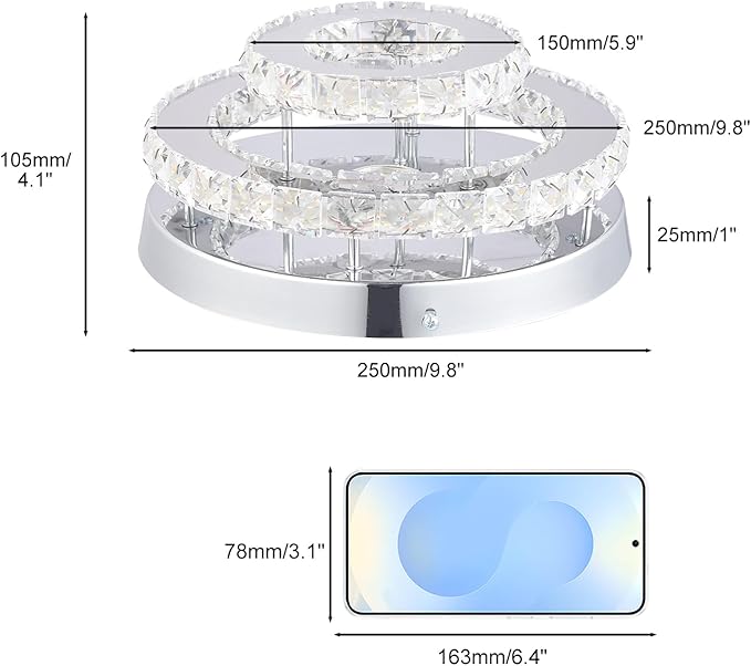 Mini Chandelier LED Crystal Ceiling Light 2 Layers Round Flush Mount Ceiling Light Modern Chandelier Lighting for Hallway Staircase Kitchen Bathroom （Dimmable）