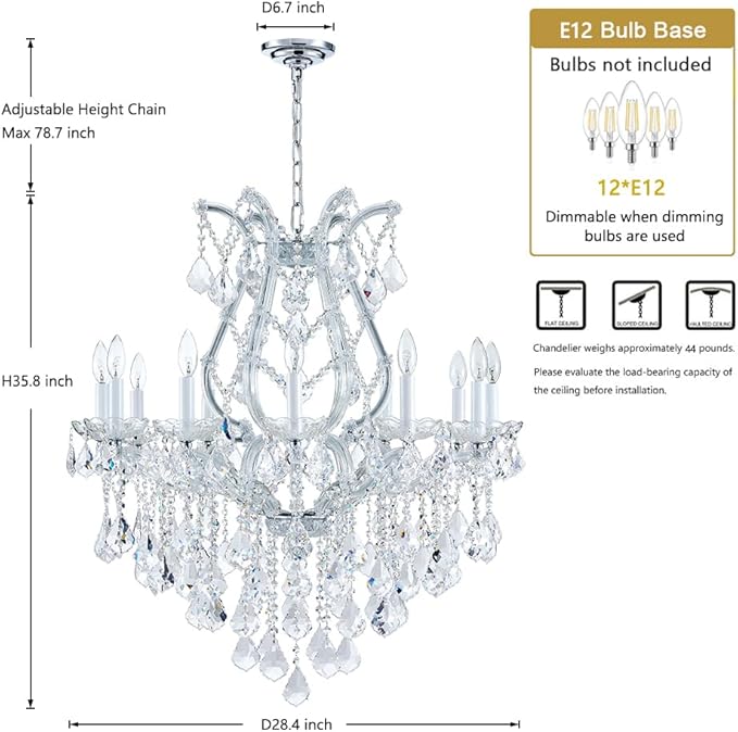 Large Silver Modern Crystal Chandelier Light Fixtures - 12 Lights Maria Theresa Crystal Pendant Light for Staircase Hallway Living Room Entryway Foyer - 28.4 x 28.4 x 35.8 Inch