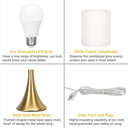 Gold Bedside Lamp Touch Control Table Lamp for Bedroom, 3-Way Dimmable Nightstand Lamp with White Shade, Modern Table Lamp for Living Room, Minimalist Desk Lamp for Dorm, Home, Office, Bulb Included