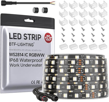 BTF-LIGHTING IP68 Waterproof Outdoor WS2814 RGBW IC LED Strip RGB+Warm White(3000K) Addressable Dream Color 5050SMD Light DC24V 16.4ft 60LEDs/m 10Pixels/m Can Work Outdoor(No Adapter or Controller)