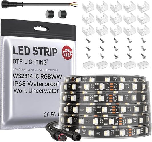 BTF-LIGHTING IP68 Waterproof Outdoor WS2814 RGBW IC LED Strip RGB+Warm White(3000K) Addressable Dream Color 5050SMD Light DC24V 16.4ft 60LEDs/m 10Pixels/m Can Work Outdoor(No Adapter or Controller)