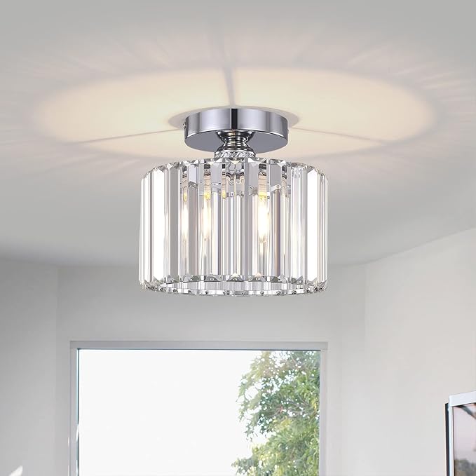 BUXVRCS Semi Flush Mount Modern Chandelier, Crystal Ceiling Light Fixture, Small Close to Ceiling Light for Living Room, Bedroom, Hallway, Bathroom, Kitchen, Entryway (Silver)