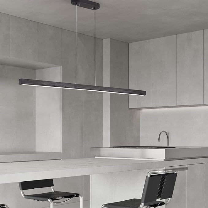 31.5" Black Linear Pendant Light Wooden Led Linear Pendant Light Fixtures Ceiling Hanging Dimmable Pendant Lights for Dining Room Kitchen Island Pool Table Lights Black Wood Finish，Kitchen Lights