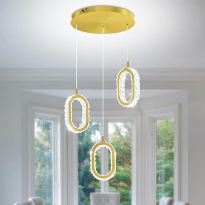 Dimmable Oval Ring Pendant Light Modern LED Crystal Ring Chandelier for Dining Room Bedroom Living Room Pendant Lights for Kitchen Island Adjustable 3-Light Gold