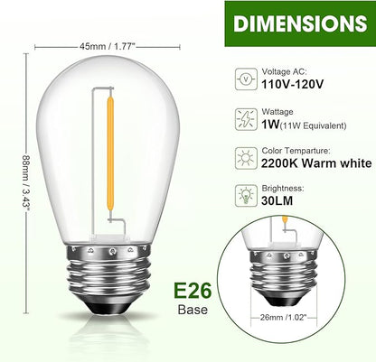 GvvooHome LED S14 Replacement Light Bulbs for Patio String Light, Shatterproof & Waterproof Hanging Light Bulbs for Outdoor String Lights, Dimmable, E26 Base, 24 Pack