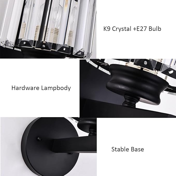 Hardwired Crystal Wall Sconces, Modern E27 Wall Lights, Black Square Finish Wall Lamp for Living Room Bedroom Dining Room Hallway Entryway (Black Square)