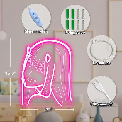 Japanese Anime Neon Sign for Girls Room, Dimmable Darling in The Franxx Zero Two for Light Wall Art Decor, Handmade Pink Neon Sign Funny for Bedroom, Birthday, Valentine's Day Grifts