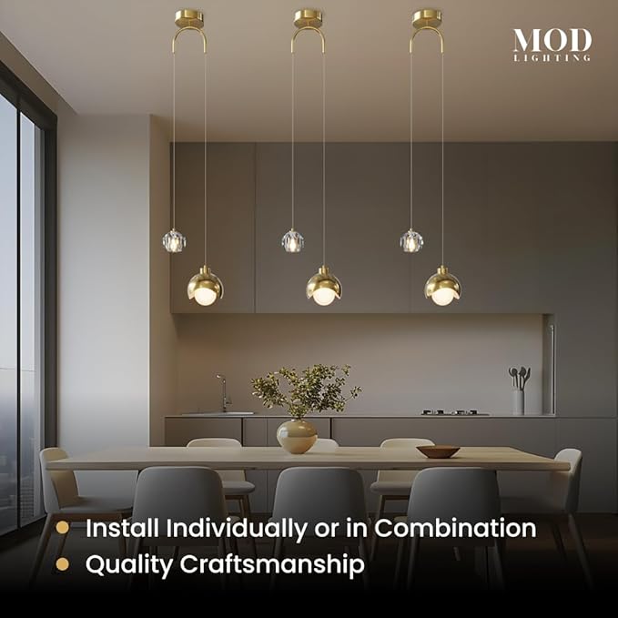 MOD LIGHTING Diana | Modern Gold Pendant Light Fixtures, Hanging Lights for Kitchen Island, Bedroom Lighting for Tracking, Dimmable LED Bulbs, 1-Pack (Gold & Crystal | 79" | Warm White)