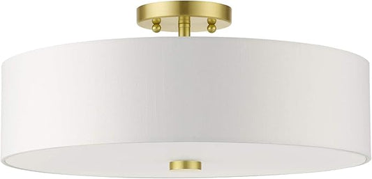 Livex Lighting 51055-12 Meridian Collection 4-Light Semi Flush Mount Ceiling Light with Off-White Hardback Fabric Shade, Satin Brass
