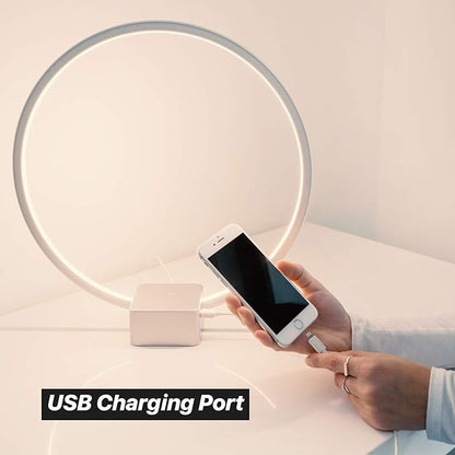 Brightech Circle LED Nightstand Lamp with USB Port – Compact Bed Stand Lamp for Bedroom, Living Room - Modern Asian Table & Desk Lamp on Side & End Tables - Titanium Sliver