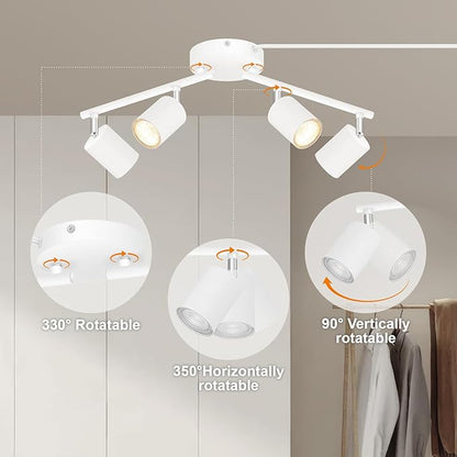 Track Lighting Plug in, LED Track Lighting Fixtures Ceiling Kit, White 4-Light Ceiling Light Plug-in, Wall Light with 14.8ft Power Cord, Rotatable Kitchen Spotlight for Bedroom(GU10 Socket, NO Bulb)