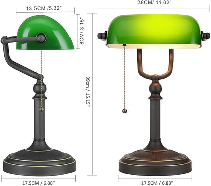 Antique Green Glass Bankers Desk Lamp with Pull Chain Switch Plug in Fixture
