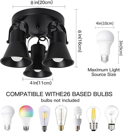 3-Light Industrial Track Lighting, Adjustable Round Kitchen Ceiling Light, Morden Black Flush Mount Directional Light for Kitchen, Hallway, Dining Room, Bathroom, Coffee Bar.