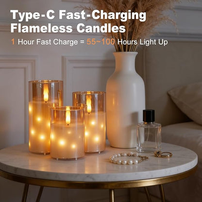 Rechargeable Glass LED Flameless Candles, Embedded Star String Flickering Flameless Candles for Romantic Ambiance and Home Decoration with Remote & Timer(Gold)