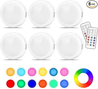 Cadrim Puck Lights, 13 Colors Changeable LED Puck Lightings, LED Lights for Bedroom, Under Cabinet Lights, Under Cabinet Lighting with 2 Wireless Remote Controls for Kitchen(6 Pack)