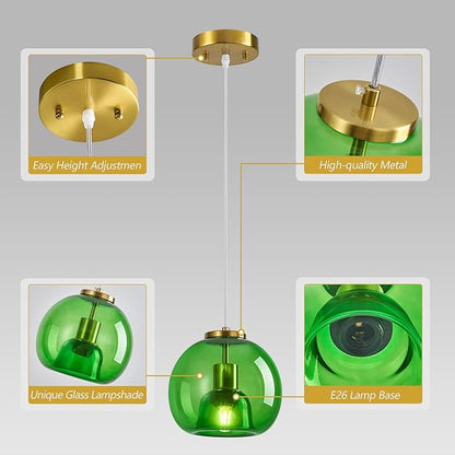 Green Glass Pendant Lights Kitchen Island Gold Hanging Light Fixture Glass Globe Pendant Light Modern Pendant Lighting for Kitchen Island Bedroom Dining Room (7.87", 3 Pack)