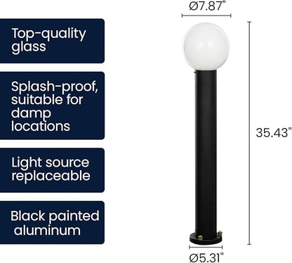35.5" Outdoor Post Light, Modern Outside Bollard Light with Opal Glass Globe, Black Aluminum Pathway Lamp Post Light for Walkway Driveway Patio Garden, Hardwired, E26 Bulb Not Included