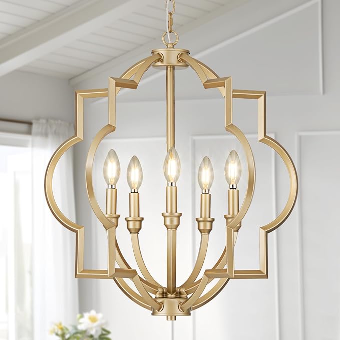 5-Light Gold Farmhouse Pendant Hanging Light Fixtures, 22" Rustic Globe Chandelier for Kitchen Island, Dining Room, Living Room, Hallway, Entryway