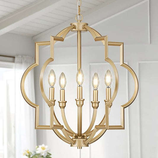 5-Light Gold Farmhouse Pendant Hanging Light Fixtures, 22" Rustic Globe Chandelier for Kitchen Island, Dining Room, Living Room, Hallway, Entryway