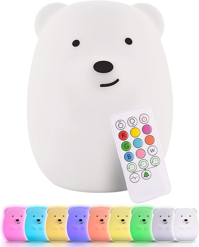 Lumipets Benny the Bear Squishy Silicone Night Light for Kids | Cute Night Light with Remote & Touch Control for Girls & Boys | 9 Color Changing Soft Portable Animal Lamp Comes with USB Cord