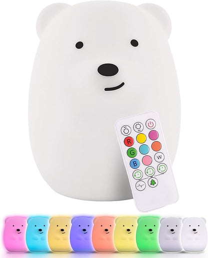 Lumipets Benny the Bear Squishy Silicone Night Light for Kids | Cute Night Light with Remote & Touch Control for Girls & Boys | 9 Color Changing Soft Portable Animal Lamp Comes with USB Cord
