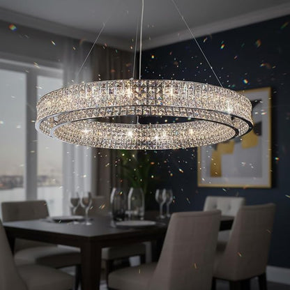 Modern Crystal Chandelier Round 20-Light Contemporary Hanging Ceiling Light Fixture Chrome Finish with Clear Rectangular Crystals Dining Room Living Room Bedroom Entryway Lighting Easy Install 39''