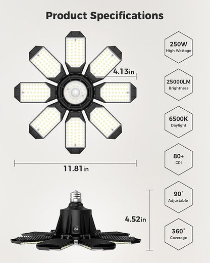 Motion Sensor Garage Lights 2 Pack, 25000LM Motion Sensor Shop Light with 8 Foldable Panels, 6500K Indoor Motion Activated LED Light Bulb for Garage, Workshop, Utility Room