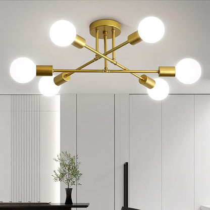 Ceiling Light Fixture, 6-Light Ceiling Light Chandelier, Modern Dinning Room Light Fixture, Sputnik Gold Light Fixtures Ceiling Mount, Semi Flush Mount Ceiling Light Fixtures for Living Room