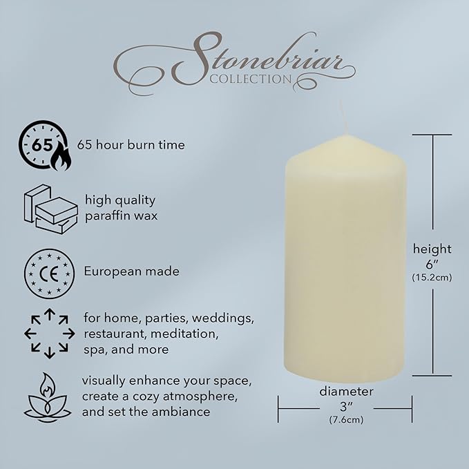 Stonebriar Unscented Pillar Candles – 65 Hour Burn Time, Long-Lasting Wax Candles for Weddings, Holidays, Home Décor & Special Events, Pack of 3, Ivory, 3" x 6"