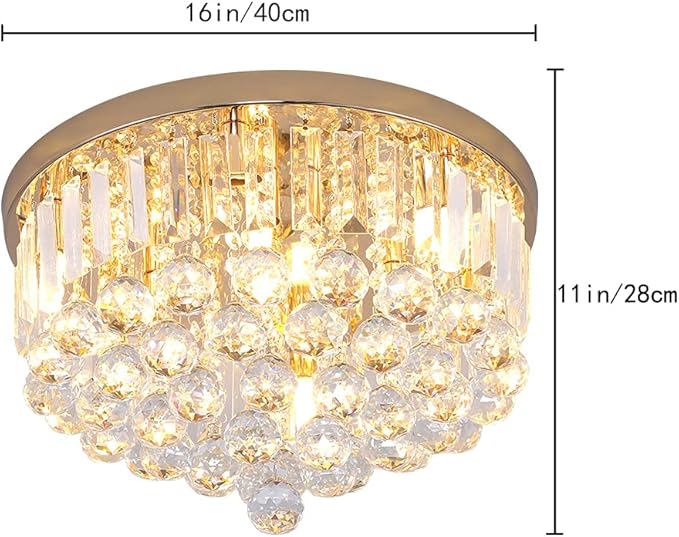 Mini Crystal Chandelier Ceiling Light,Flush Mount Modern Round K9 Crystal Raindrop Ceiling Lighting Fixture for Dining Room Bedroom Hallway Height 11''x Width 16''(French Gold)
