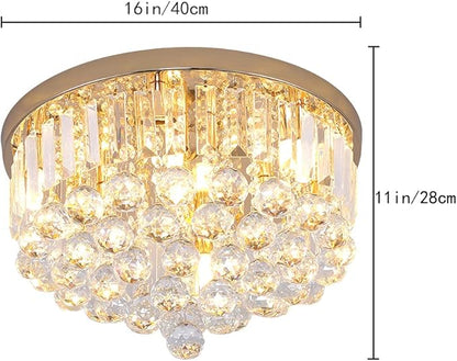 Mini Crystal Chandelier Ceiling Light,Flush Mount Modern Round K9 Crystal Raindrop Ceiling Lighting Fixture for Dining Room Bedroom Hallway Height 11''x Width 16''(French Gold)