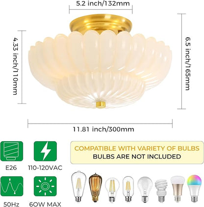 Semi Flush Mount Ceiling Light Fixture Vinatge Gold Ceiling Lights Mid Century Modern Milk White Glass Close to Ceiling Lighting Fixtures for Bedroom Hallway Foyer Bathroom Kitchen Laundry Room