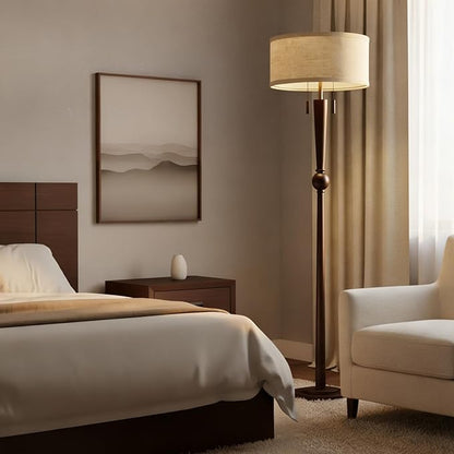 MOFFE 62.8" Solid Wood Floor Lamp,Tall Standing Floor Lamp with 2-Light Pull Chain, 17" Linen Drum Shade, Sculptural Wood Base & Stem,Transitional Floor Lamp for Living Room Bedroom, Includes 2 Bulbs