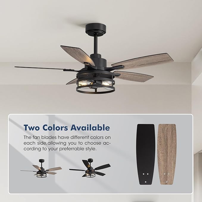 42 Inch Ceiling Fans with Lights and Remote Control, Farmhouse Ceiling Fan with LED Lighting for Bedroom Living Room and Patio, Black Caged Ceiling Fan for Indoor and Outdoor(NO Bulbs)