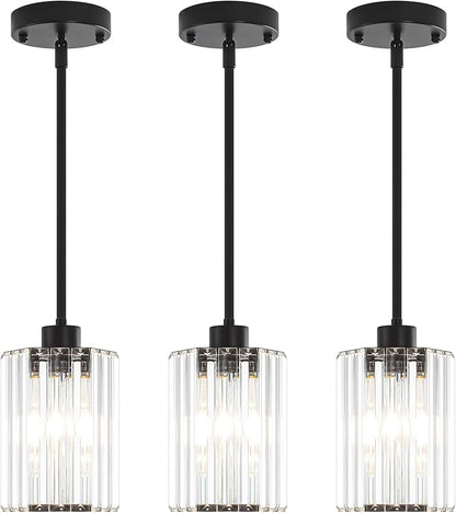 3-Pack Black Pendant Lights Kitchen Island Modern Crystal Hanging Pendant Light Hexagonal Mini Chandelier Adjustable Hanging Kitchen Lights for Dining Room Hallway Bedroom Entryway Light Fixtures