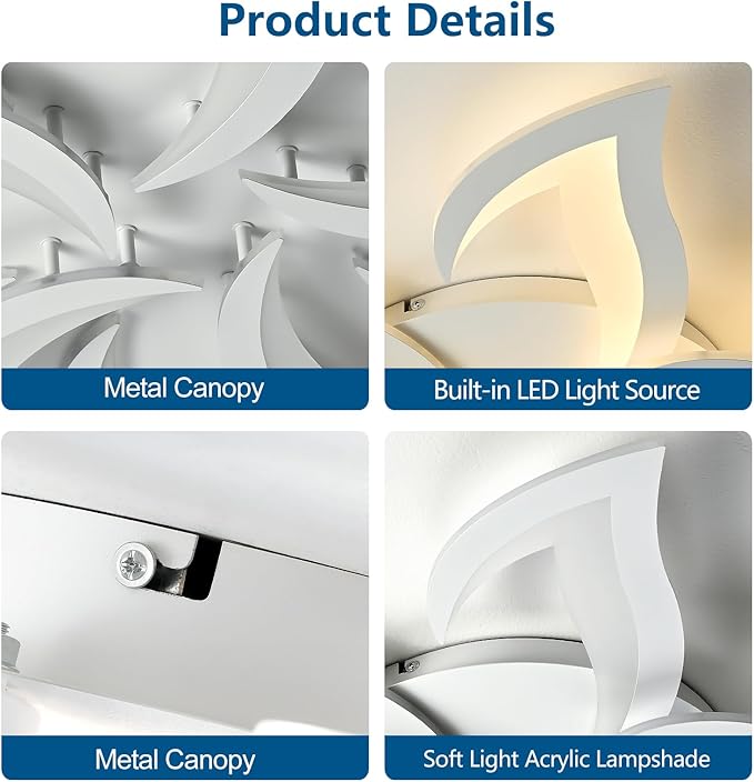 36" White Modern Geometric Dimmable Ceiling Light Fixture, 15 Leaves Low Profile Flush Mount Ceiling Light for Kitchen, Bedroom, Living Room