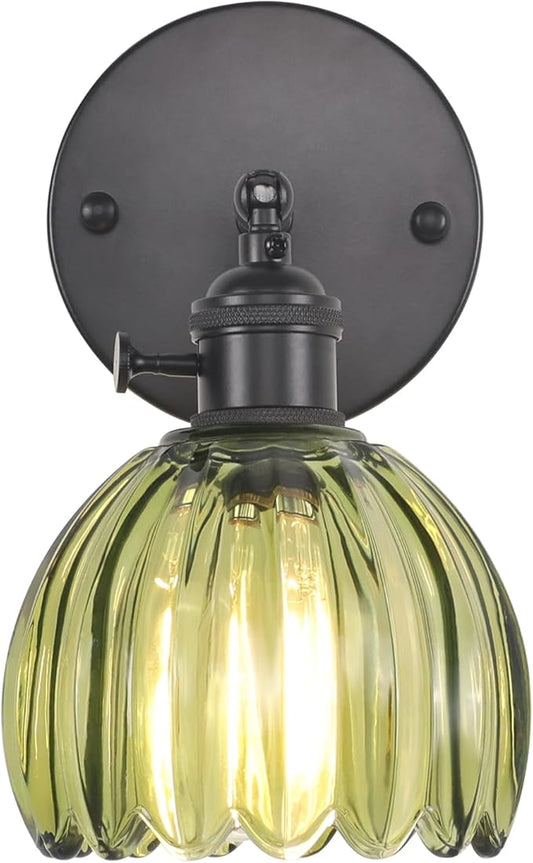 Shenmoyl Vintage Wall Sconce with Green Tulip Glass Lampshade 180 Degree Adjustable Black Sconce Hradwired Modern Wall Lighting Fixture with Switch for Bedside Bedroom Doorway