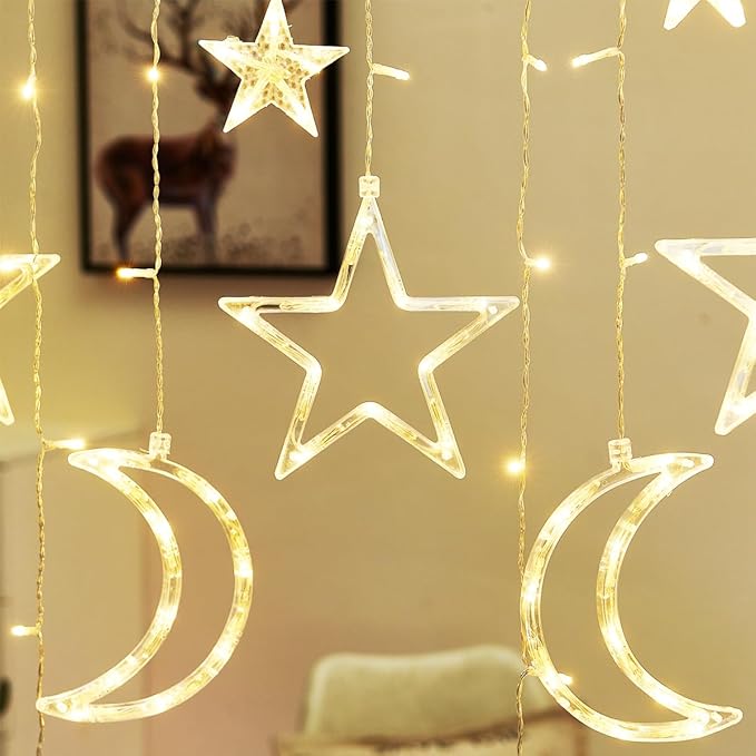 7.5ft Decorative Starry String Curtain Lights Moons and Stars LED Night Light for Home Decoration Party,Remote Control USB Powered