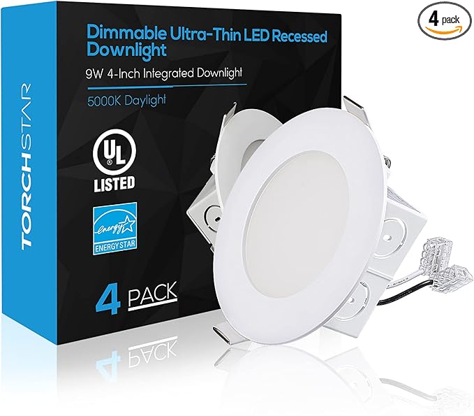 TORCHSTAR 4 Inch Integrated LED Recessed Ceiling Light with Junction Box, 9W Dimmable Downlight, 5000K Daylight, Airtight, UL & Energy Star Listed, Pack of 4