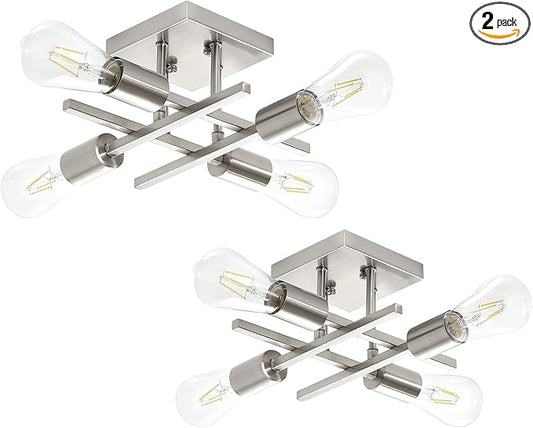 Industrial 4-Light Semi Flush Mount Ceiling Light Fixture, Modern Brushed Nickel Chandelier Lighting, Farmhouse E26 Base Sputnik Ceiling Lamp for Kitchen Bedroom Living Room Entryway, 2 Pack