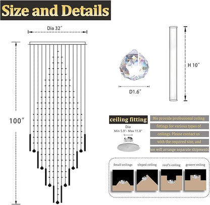 Flashing God D32''X H100'' Modern Crystal Chandelier, Raindrop Chandelier for Entryway, Large Chandeliers for High Ceilings, Staircase, Foyer, Living Room, 4-Tier Hanging Light Fixture