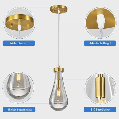 Raindrop Pendant Lights Kitchen Island Set of 2 Teardrop Gold Hanging Light Fixtures Clear Solid Glass Pendant Light Modern Chandeliers for Dining Room Porch Corridor Living Room…